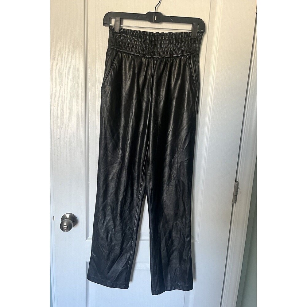 Joie Faux Leather Straight Leg Pants Ruched Waist Black Size Small
